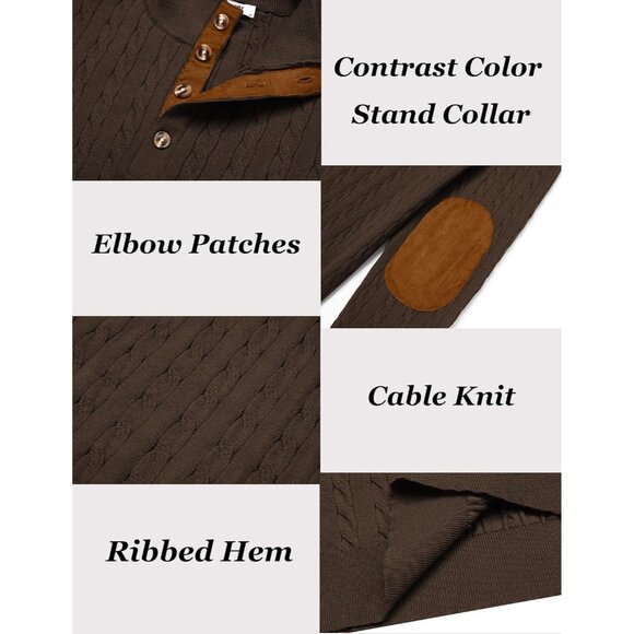 Men's Cable Knitted Pullover Sweaters Long Sleeve Stand Collar Button Up Brown - Picture 6 of 6